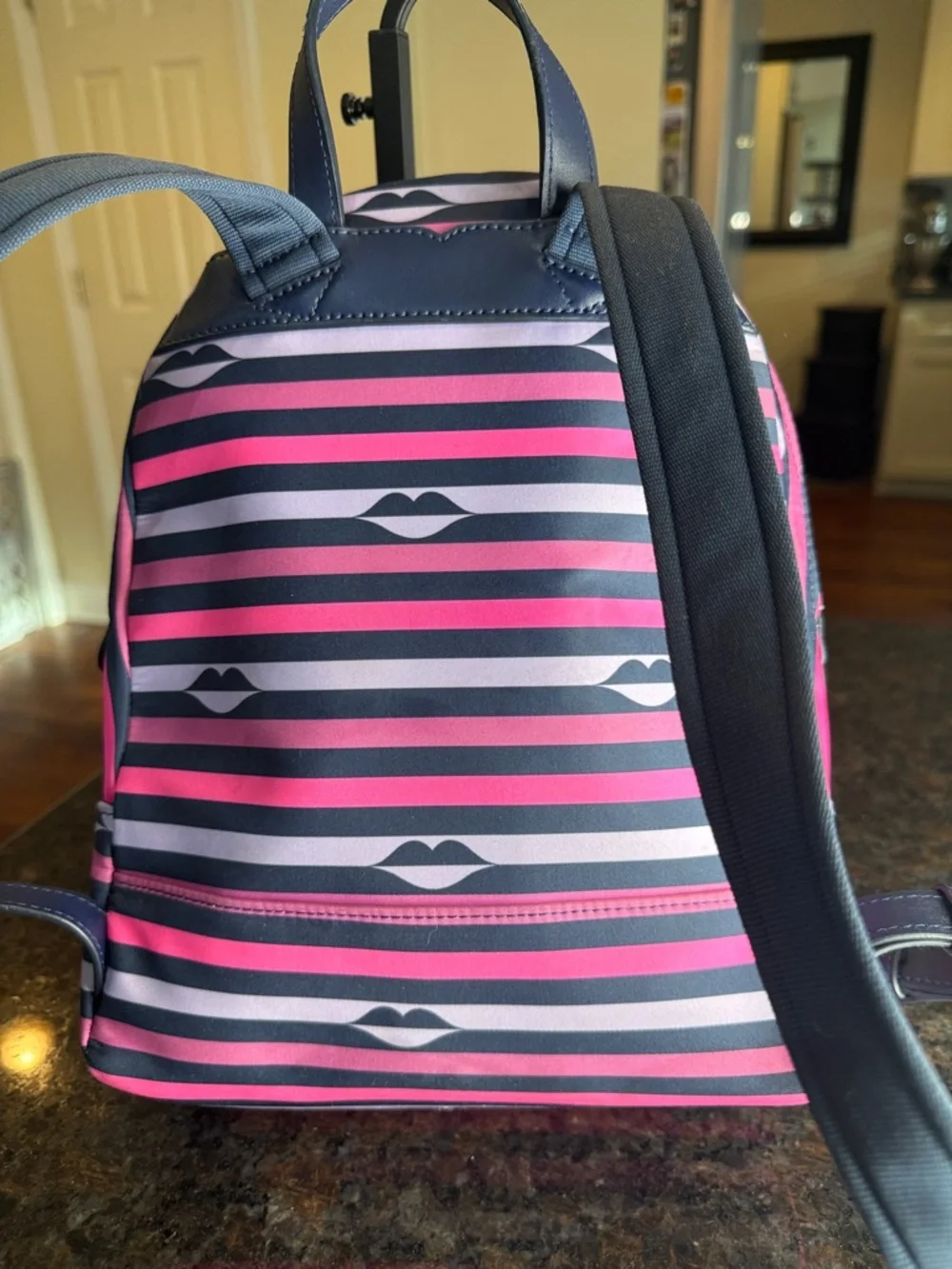 kate spade Navy & Pink Striped Mini Backpack with Lip Motif